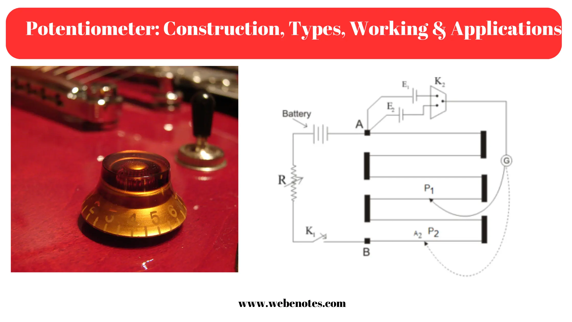 Potentiometer Construction, Working Principle, Types of Potentiometer,  Applications of Potentiometer, Advantages & Disadvantages